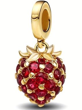 Gold Strawberry Charm Pendant with Red Crystal Accents